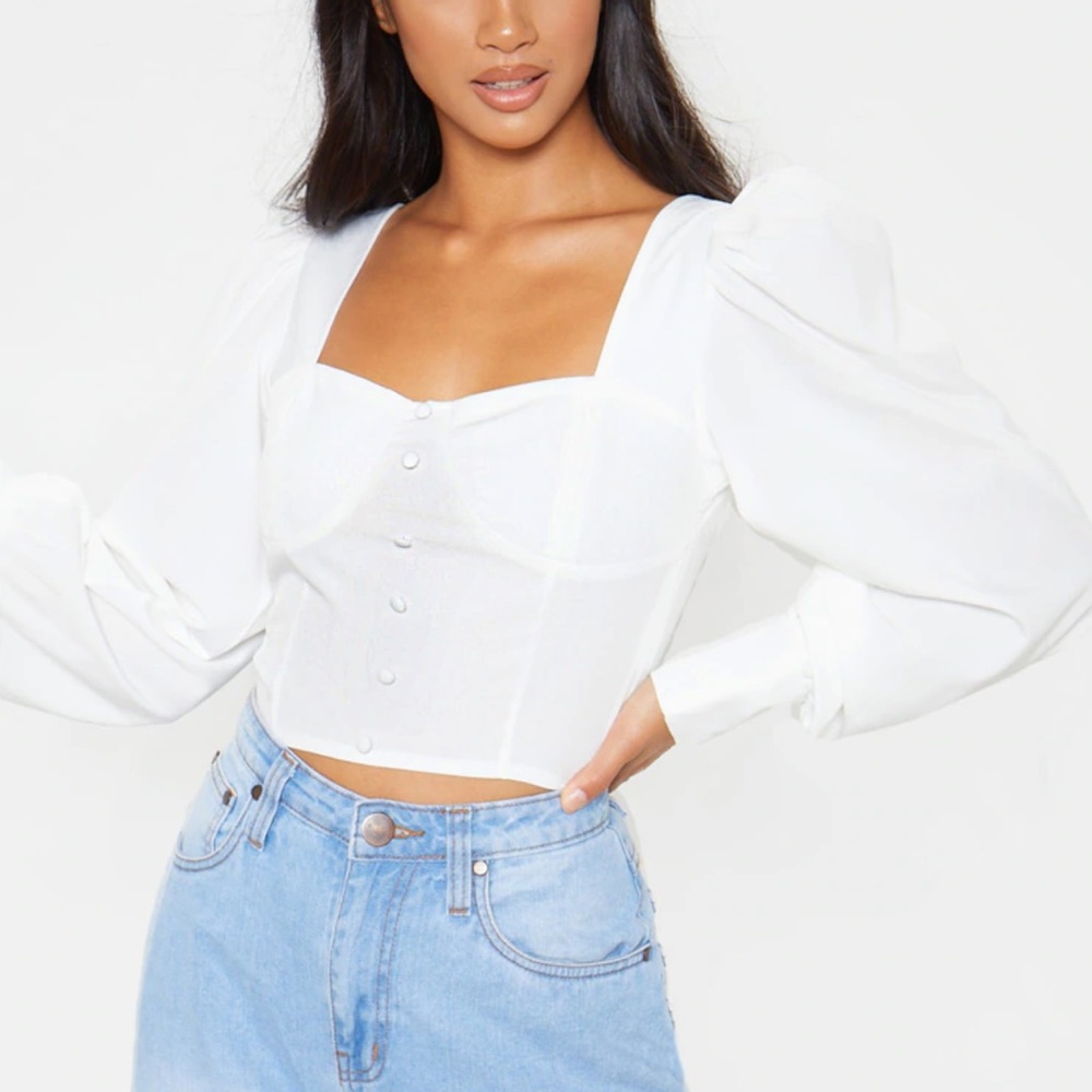 PLT Petite White Puff Sleeve Cropped Blouse